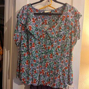 Anthropologie Floral Big-Collar Top Plus 20W 2X
